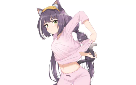 HD PC wallpaper of Karyl Momochi from Princess Connect! Re:Dive with long purple hair, green eyes, and animal ears, wearing a pink outfit.