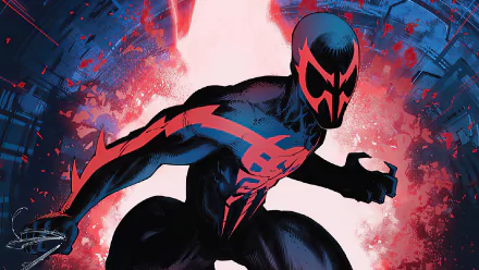 HD PC desktop wallpaper featuring Spider-Man 2099 in a dynamic pose, showcasing the comic-inspired red and blue suit against a vibrant, energetic background.