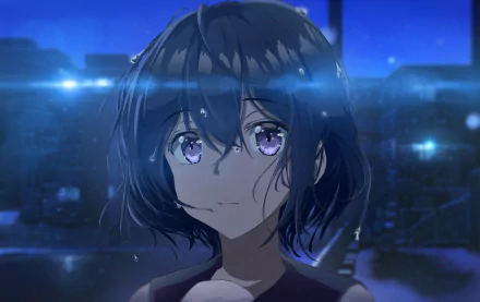 HD anime desktop wallpaper featuring an original character with short black hair and purple eyes, set against a glowing cityscape at night.