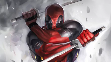 HD PC desktop wallpaper featuring a dynamic comic-style Deadpool wielding two swords against a smoky, dramatic background.