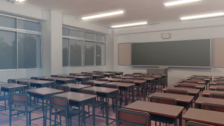 HD anime-style classroom scene with rows of chairs and desks, large windows, and a blackboard, designed as a PC desktop wallpaper background.