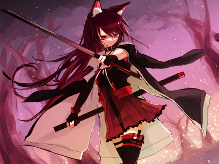 Melantha (Arknights) with long brown hair and red eyes, poised with a drawn katana amid a pink stormy backdrop — 2K Quad HD PC desktop wallpaper