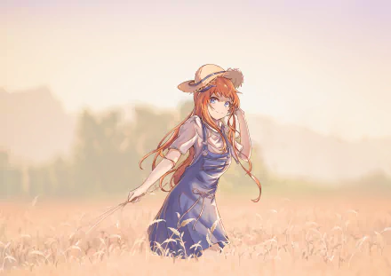 2K Quad HD PC wallpaper of Bagpipe (Arknights) from the video game Arknights — orange hair, blue eyes, wearing a sunhat and blue dress, standing in a sunlit golden field.