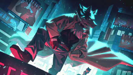 HD desktop wallpaper featuring a character from Brand New Animal in a dynamic urban setting.