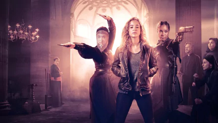 HD wallpaper featuring characters from Warrior Nun posed dramatically in a church-like setting.
