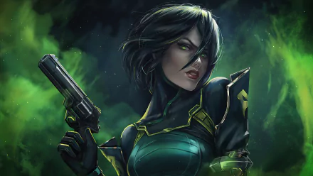 A fierce woman warrior with black short hair and striking green eyes holds a gun, embodying Viper from Valorant. The vibrant green background enhances the intense atmosphere.