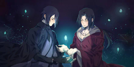 2K Quad HD PC wallpaper featuring Sasuke & Itachi (Sasuke Uchiha and Itachi Uchiha) from Naruto: the brothers exchange a glowing crystal in a dark, teal-lit anime scene.