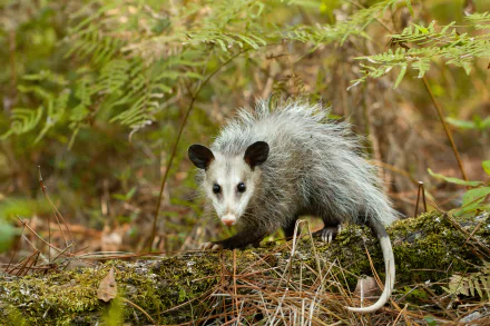 High-detail 5K Ultra HD PC desktop wallpaper of a gray opossum perched on a mossy log among ferns and leaf-litter in a forest setting.