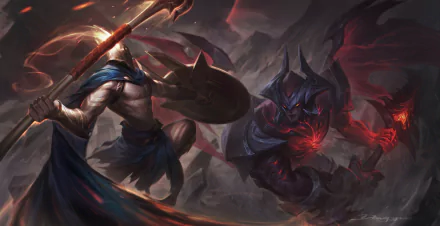 HD desktop wallpaper featuring Pantheon and Aatrox from League of Legends in an intense battle scene, showcasing dynamic lighting and detailed character designs.