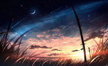 A serene night sky with stars, crescent moon, and shooting stars is depicted in this HD Anime wallpaper. The foreground includes silhouettes of grassy fields and power lines against a colorful twilight.