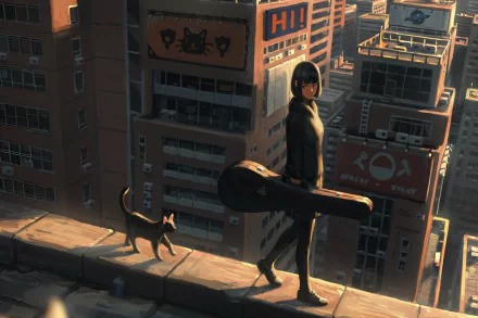 Anime schoolgirl with a guitar case walks alongside a cat on an urban rooftop, surrounded by high-rise buildings during sunset. This HD wallpaper and background captures a striking blend of cityscape and character.