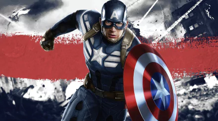 HD PC desktop wallpaper featuring Chris Evans as Steve Rogers/Captain America from the movie Captain America: The Winter Soldier in action with shield raised.