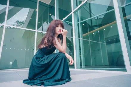 lipstick brunette long hair green dress model woman asian HD Desktop Wallpaper | Background Image