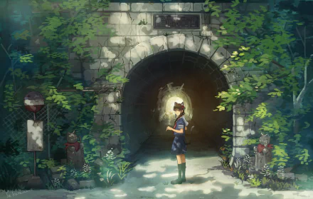 Anime-style original HD desktop wallpaper featuring a girl standing in front of a sunlit, overgrown tunnel entrance surrounded by lush greenery and stone structures.