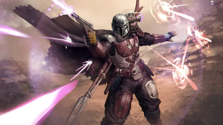 A dynamic scene featuring Grogu, the beloved character from The Mandalorian, alongside a Mandalorian warrior, set against an action-packed backdrop with vibrant energy effects.