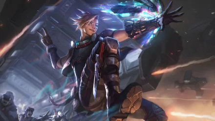 Ezreal (League of Legends) mid‑leap, gauntlet unleashing blue energy arcs over a sci‑fi battlefield — 4K Ultra HD PC desktop wallpaper/background, video game League of Legends.