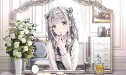 grey eyes white hair mirror Anime Original HD Desktop Wallpaper | Background Image