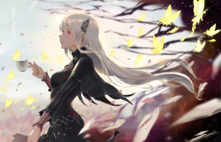 An HD desktop wallpaper featuring Echidna from the anime Re:Zero - Starting Life in Another World. She has white hair and is surrounded by butterflies, holding a teacup against a serene, natural backdrop.