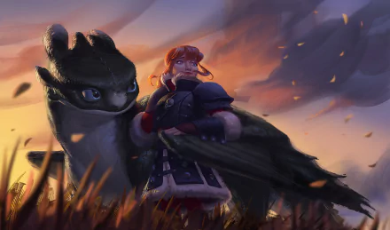 Astrid and Toothless from How to Train Your Dragon stand together at sunset, captured in a detailed 4K Ultra HD movie wallpaper background.