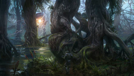 HD PC desktop wallpaper: Halo 4 video game scene — a Spartan in armor approaches towering, twisted alien trees and glowing Forerunner structures in a misty, swampy forest.