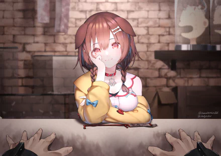 HD desktop wallpaper featuring Inugami Korone, a Virtual Youtuber from Hololive, with brown hair in a braid, leaning on a counter with a brick wall background.