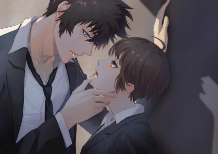 HD anime desktop wallpaper featuring Akane Tsunemori and Shinya Kogami from Psycho-Pass in an intense, close-up moment.