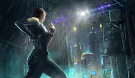 4K Ultra HD PC desktop wallpaper: a woman warrior stands in rain-soaked futuristic city streets, neon-lit sci‑fi skyline and towering megastructures under stormy skies.