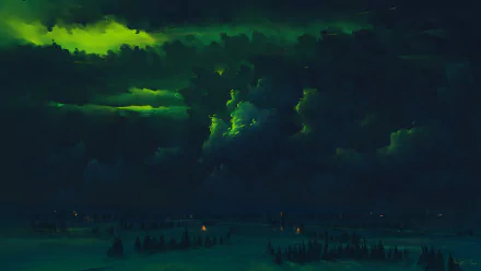 HD artistic wallpaper of a moody, nighttime forest scene with ominous clouds glowing green under a dark sky.
