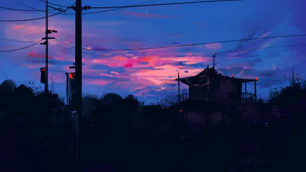 HD anime night desktop wallpaper featuring a serene twilight sky with purple and pink hues, silhouetted structures, and power lines in an original anime-style scene.