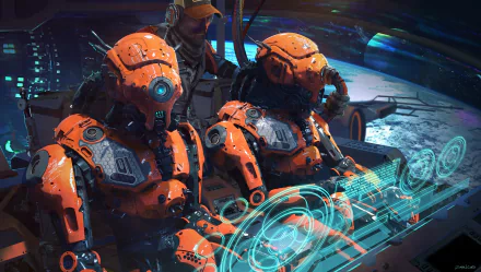 HD desktop wallpaper featuring orange robots in a sci-fi setting, examining holographic displays, creating a dynamic and futuristic background.