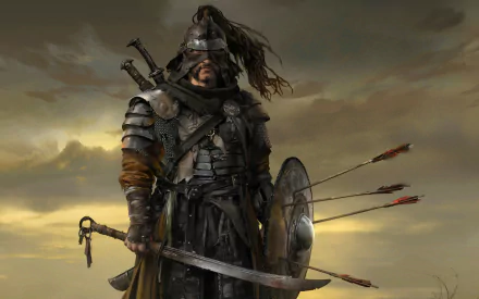 HD desktop wallpaper featuring a warrior from the video game Ghost of Tsushima, clad in armor with arrows lodged in his shield against a moody sky backdrop.