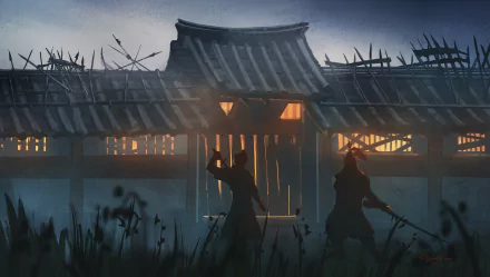 Anime samurai duel silhouettes before a lit wooden gate of a feudal kingdom at dusk — 2K Quad HD PC desktop wallpaper background, moody cinematic artwork.