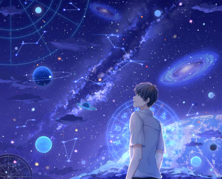 Anime-style HD desktop wallpaper featuring a young person gazing at a detailed starry sky with the Milky Way, planets, and galaxy constellations in a cosmic scene.