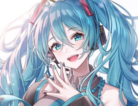 Hatsune Miku, anime Vocaloid with turquoise twin-tails and bright blue eyes, wearing headphones and smiling — HD PC desktop wallpaper.