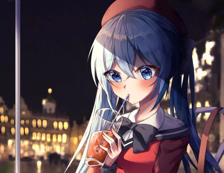 Hatsune Miku (Vocaloid) anime 2K Quad HD PC desktop wallpaper: blue‑haired Miku in a school uniform sipping a drink against a glowing nighttime cityscape.