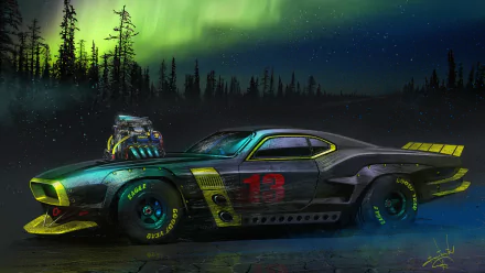 A sleek black muscle car with a Big V8 engine parked under a vibrant aurora borealis in a forested, starry night—HD PC desktop wallpaper and background.