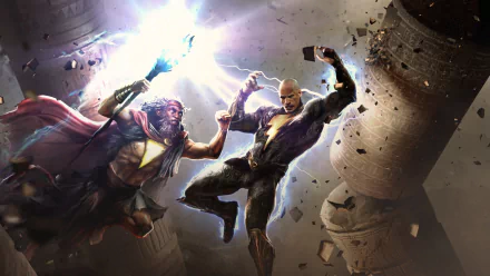 HD PC desktop wallpaper featuring Shazam and Dwayne Johnson as Black Adam from DC Comics, locked in an epic battle with lightning and debris swirling around them.