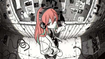 Anime character with red hair wearing headphones, standing in a room with scattered papers and photographs on the walls. HD original desktop wallpaper and background.