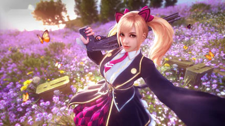 4K Ultra HD Garena Free Fire PC desktop wallpaper featuring a female character in a school uniform with cat ear accessories, set in a vibrant flower field.