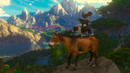 Donkey with a stacked rooster and cat on a cliff above colorful vineyards and mountains — HD PC desktop wallpaper from The Witcher 3: Wild Hunt — Blood and Wine (video game).