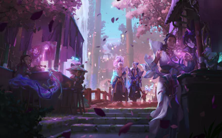 HD desktop wallpaper featuring Yone, Yasuo, and Teemo from League of Legends in a vibrant, mystical setting inspired by Legends of Runeterra.