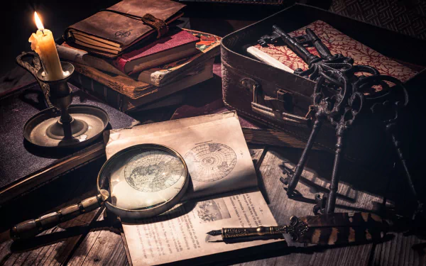 pen key book candle magnifying glass photography still life HD Desktop Wallpaper | Background Image