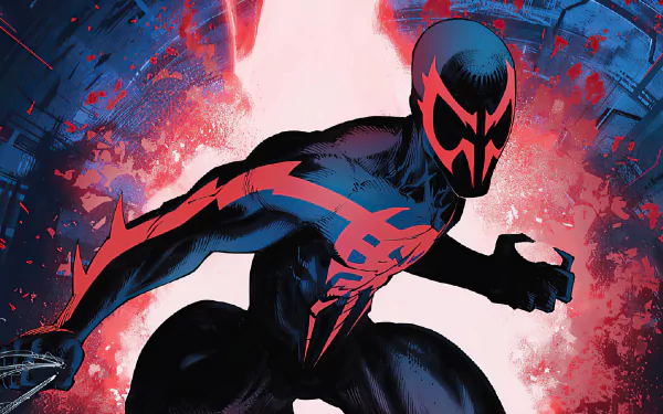 HD PC desktop wallpaper featuring Spider-Man 2099 in a dynamic pose, showcasing the comic-inspired red and blue suit against a vibrant, energetic background.