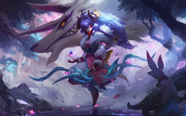 High-resolution 4K Ultra HD League of Legends desktop wallpaper featuring Kindred, the dual spirit hunter, standing poised in a mystical forest setting.
