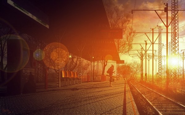 Anime Estación de tren Sunlight Vía férrea Fondo de pantalla HD | Fondo de Escritorio