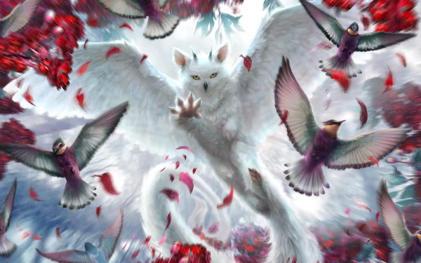 2K Quad HD PC desktop wallpaper/background: fantasy chimera — a majestic white winged fox-bird soars through swirling red petals amid flocks of colorful birds.
