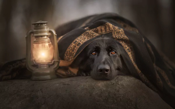 Black dog with an intense stare peeks from under a blanket beside a glowing lantern — atmospheric animal portrait, HD PC desktop wallpaper background.