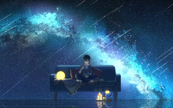 Anime-style HD desktop wallpaper of a barefoot character sitting on a sofa under a vibrant starry night sky with glowing lanterns and shooting stars.