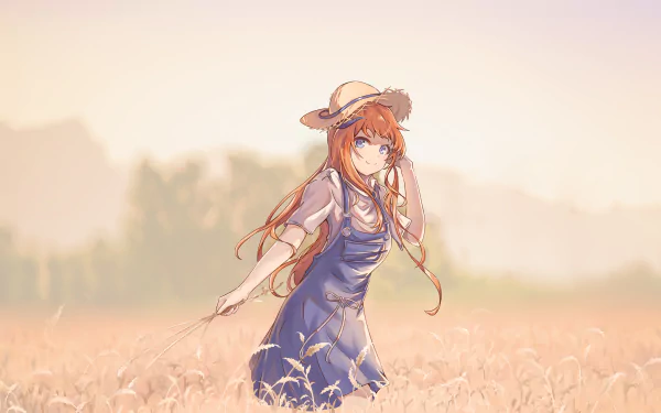 2K Quad HD PC wallpaper of Bagpipe (Arknights) from the video game Arknights — orange hair, blue eyes, wearing a sunhat and blue dress, standing in a sunlit golden field.