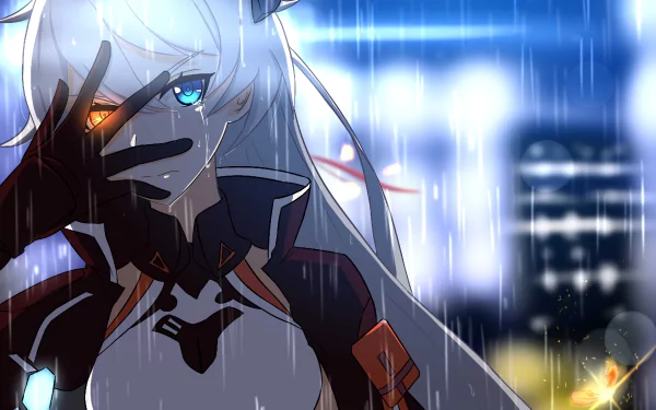 HD PC desktop wallpaper featuring Kiana Kaslana with white hair from the video game Honkai Impact 3rd, set against a glowing, futuristic city background.